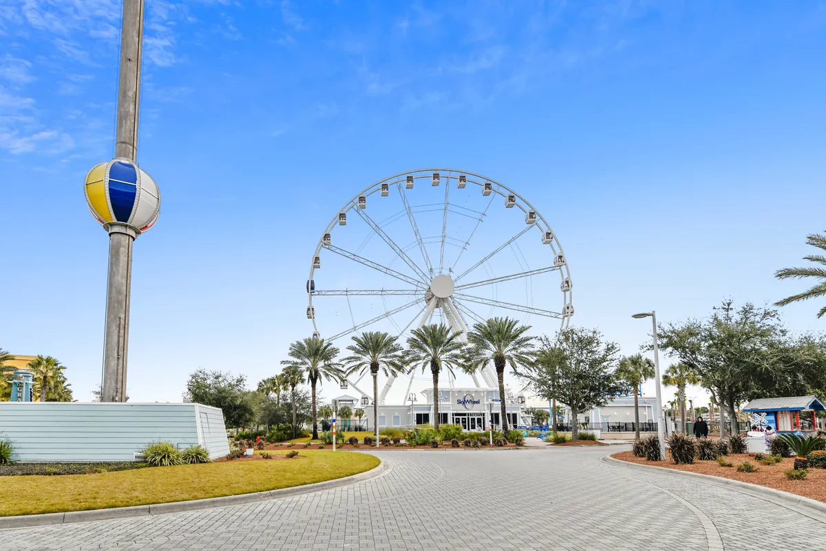 This image showcases a large ferris wheel surrounded by palm trees and an entrance building, evoking the festive atmosphere of local attractions and activities. The sky is clear, hinting at good weather and fun outings.