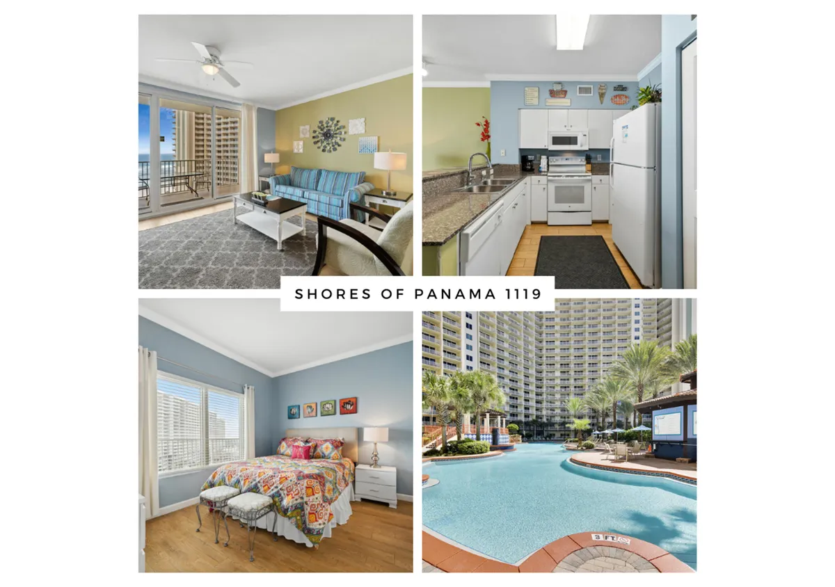 The hero image showcases the condo's bright, inviting living room with plush seating and direct balcony access, offering panoramic views of the Gulf and the resort's stunning lagoon-style pool framed by swaying palm trees. The modern, fully equipped kitchen with sleek granite countertops and crisp white cabinetry is visible, along with a peek into a cheerful, sun-drenched bedroom featuring a colorful quilt. The scene exudes comfort, relaxation, and a breezy coastal vibe.
